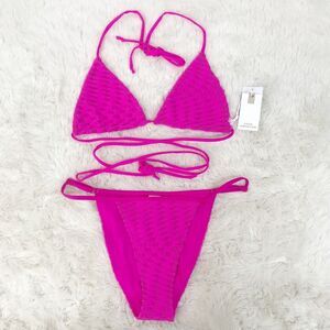 GOOD AMERICAN Hot Pink Triangle String Bikini Waist Tie Jacquard Large 3‎ New